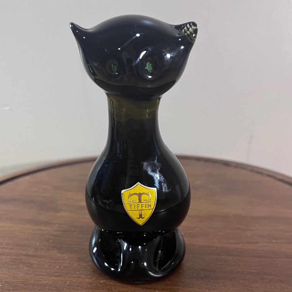 Vtg Tiffin Glass Cat Figurine Black Mid Century Modern Art Glass Hand Made 5"